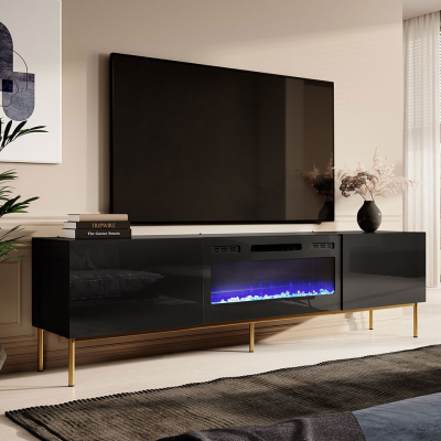 TV stolík s elektrickým krbom TOKA - lesklý čierny / zlatý