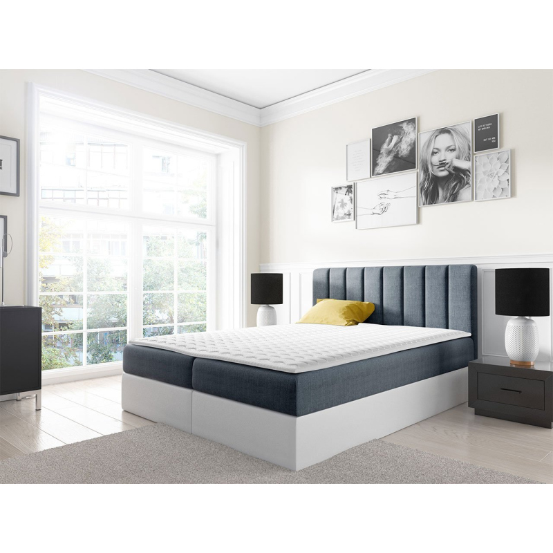 Kontinentálna manželská posteľ 200x200 VICTORO - biela eko koža / modrá + topper ZDARMA