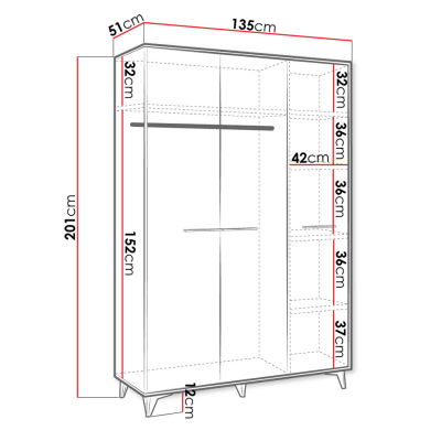 Kombinovaná šatníková skriňa 135 cm BIBLIS - orech