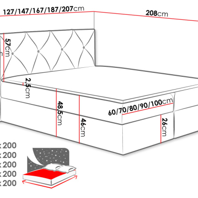 Americká manželská posteľ 200x200 LITZY 1 - šedá + topper ZDARMA