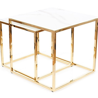 Set konferenčných stolíkov HIPOLIT - biely mramor / zlatý