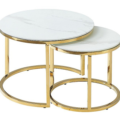 Set konferenčných stolíkov MARIOS 2 - biely mramor / zlatý