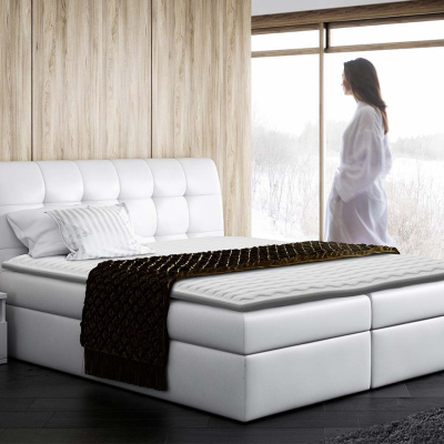Hotelová manželská posteľ 200x200 LUPE - biela eko koža + topper ZDARMA