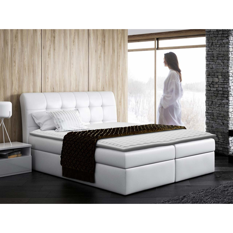 Hotelová manželská posteľ 160x200 LUPE - biela eko koža + topper ZDARMA