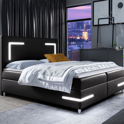 Boxspringová manželská posteľ 200x200 MADENA - čierna ekokoža + topper a LED osvetlenie ZDARMA