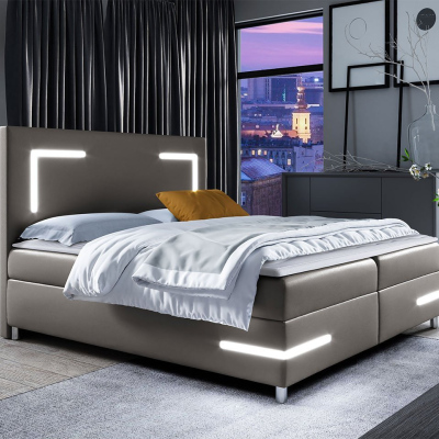 Boxspringová manželská posteľ 200x200 MADENA - šedá ekokoža + topper a LED osvetlenie ZDARMA