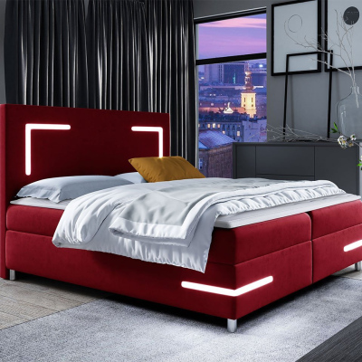 Boxspringová manželská posteľ 200x200 MADENA - červená + topper a LED osvetlenie ZDARMA