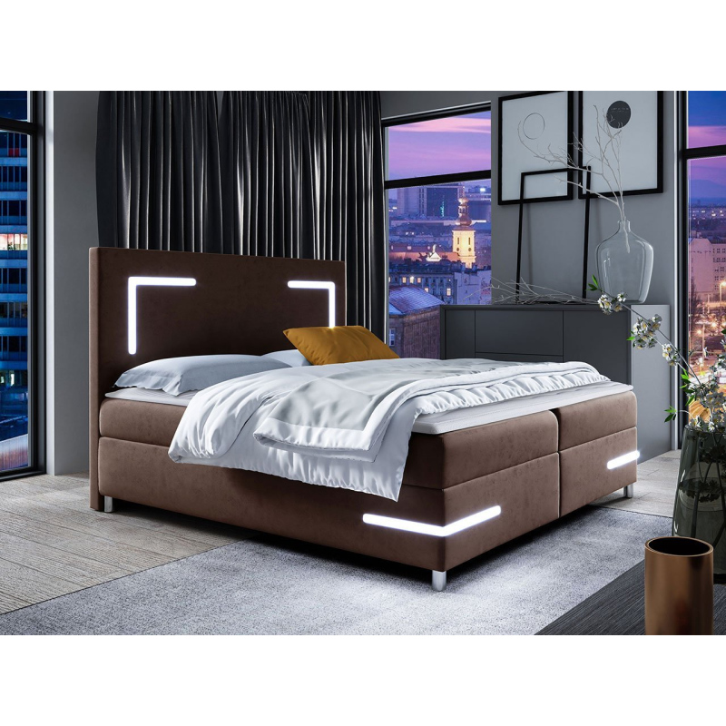 Boxspringová manželská posteľ 200x200 MADENA - hnedá + topper a LED osvetlenie ZDARMA