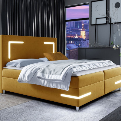 Boxspringová manželská posteľ 200x200 MADENA - žltá + topper a LED osvetlenie ZDARMA