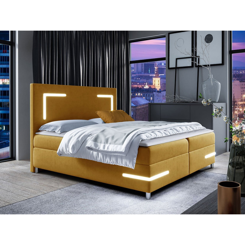 Boxspringová manželská posteľ 200x200 MADENA - žltá + topper a LED osvetlenie ZDARMA