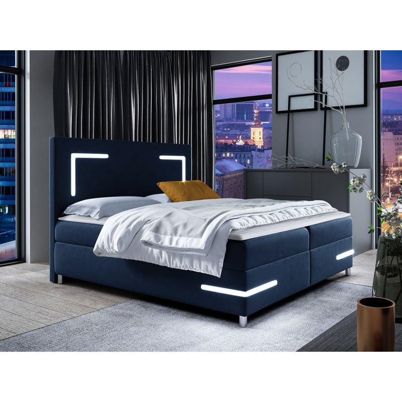 Boxspringová manželská posteľ 200x200 MADENA - modrá + topper a LED osvetlenie ZDARMA