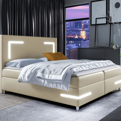 Boxspringová manželská posteľ 180x200 MADENA - béžová ekokoža + topper a LED osvetlenie ZDARMA