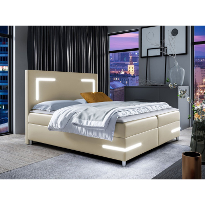 Boxspringová manželská posteľ 180x200 MADENA - béžová ekokoža + topper a LED osvetlenie ZDARMA