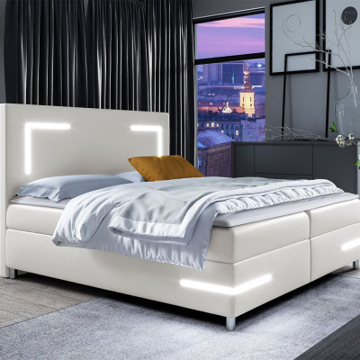 Boxspringová manželská posteľ 180x200 MADENA - biela ekokoža + topper a LED osvetlenie ZDARMA