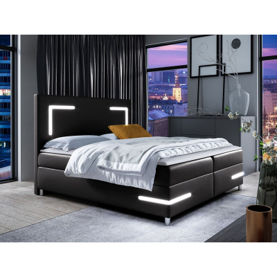 Boxspringová manželská posteľ 180x200 MADENA - čierna ekokoža + topper a LED osvetlenie ZDARMA