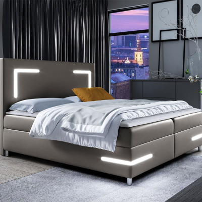 Boxspringová manželská posteľ 180x200 MADENA - šedá ekokoža + topper a LED osvetlenie ZDARMA