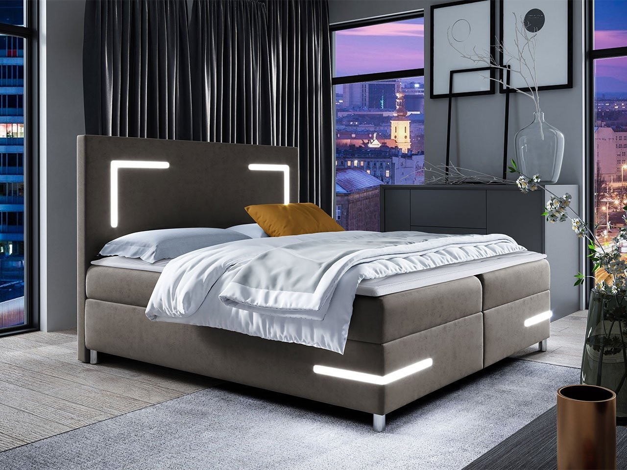 Boxspringová manželská posteľ 180x200 MADENA - šedá + topper a LED osvetlenie ZDARMA
