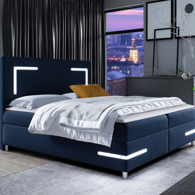 Boxspringová manželská posteľ 180x200 MADENA - modrá + topper a LED osvetlenie ZDARMA