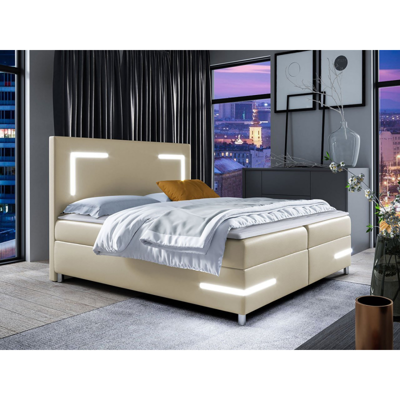 Boxspringová manželská posteľ 160x200 MADENA - béžová ekokoža + topper a LED osvetlenie ZDARMA