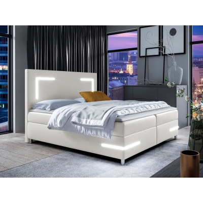 Boxspringová manželská posteľ 160x200 MADENA - biela ekokoža + topper a LED osvetlenie ZDARMA