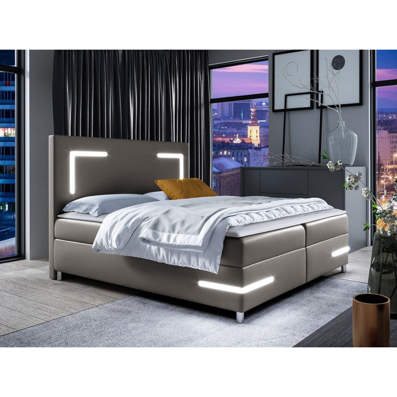 Boxspringová manželská posteľ 160x200 MADENA - šedá ekokoža + topper a LED osvetlenie ZDARMA