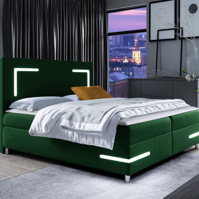 Boxspringová manželská posteľ 160x200 MADENA - zelená + topper a LED osvetlenie ZDARMA