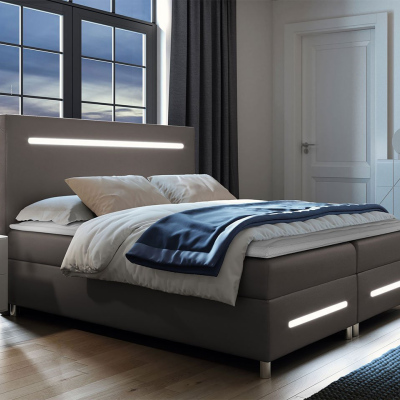 Boxspringová manželská posteľ 180x200 MARIELA - šedá ekokoža + topper a LED osvetlenie ZDARMA