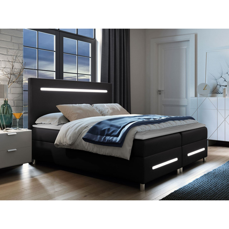 Boxspringová manželská posteľ 180x200 MARIELA - čierna ekokoža + topper a LED osvetlenie ZDARMA