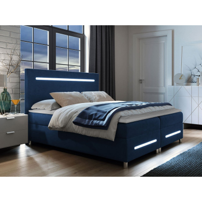Boxspringová manželská posteľ 180x200 MARIELA - modrá + topper a LED osvetlenie ZDARMA