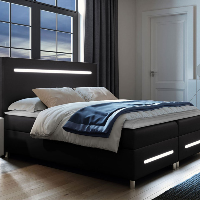 Boxspringová manželská posteľ 160x200 MARIELA - čierna ekokoža + topper a LED osvetlenie ZDARMA