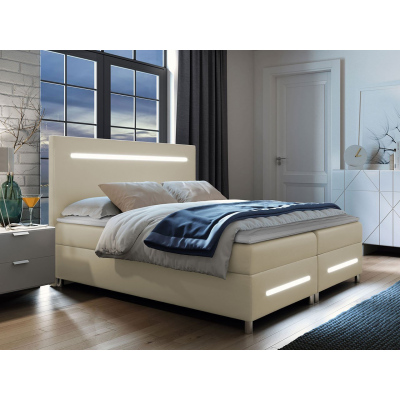 Boxspringová manželská posteľ 140x200 MARIELA - béžová ekokoža + topper a LED osvetlenie ZDARMA