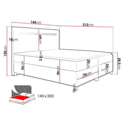 Boxspringová manželská posteľ 180x200 MARIELA - šedá ekokoža + topper a LED osvetlenie ZDARMA