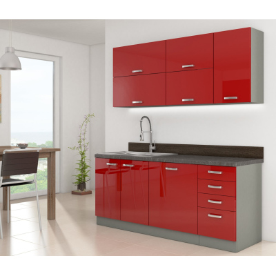 Kuchyňa do paneláku 180/180 cm RUOLAN 3 - šedá / lesklá červená + LED, drez a pracovná doska ZDARMA