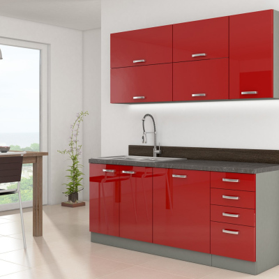 Kuchyňa do paneláku 180/180 cm RUOLAN 3 - šedá / lesklá červená + LED, drez a príborník ZDARMA