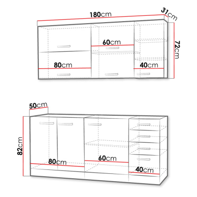 Kuchyňa do paneláku 180/180 cm RUOLAN 3 - šedá / lesklá červená + LED, drez a pracovná doska ZDARMA