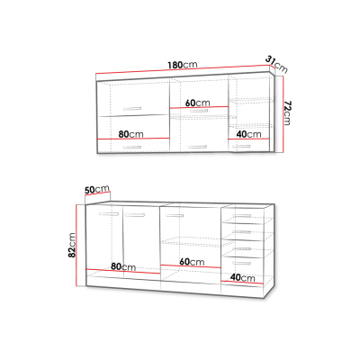 Kuchyňa do paneláku 180/180 cm RUOLAN 3 - šedá / lesklá červená + drez a pracovná doska ZDARMA