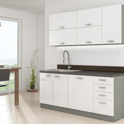 Paneláková kuchyňa 180/180 cm GENJI 3 - lesklá biela / šedá + LED, drez a príborník ZDARMA