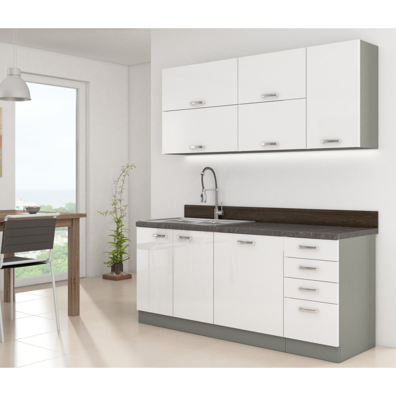 Paneláková kuchyňa 180/180 cm GENJI 3 - lesklá biela / šedá + LED, drez a príborník ZDARMA