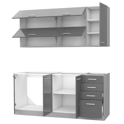 Paneláková kuchyňa 180/180 cm GENJI 3 - lesklá biela / šedá + LED, pracovná doska a príborník ZDARMA