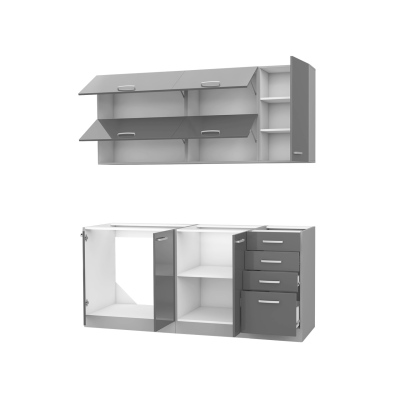 Paneláková kuchyňa 180/180 cm GENJI 3 - lesklá biela / šedá + LED, pracovná doska a príborník ZDARMA