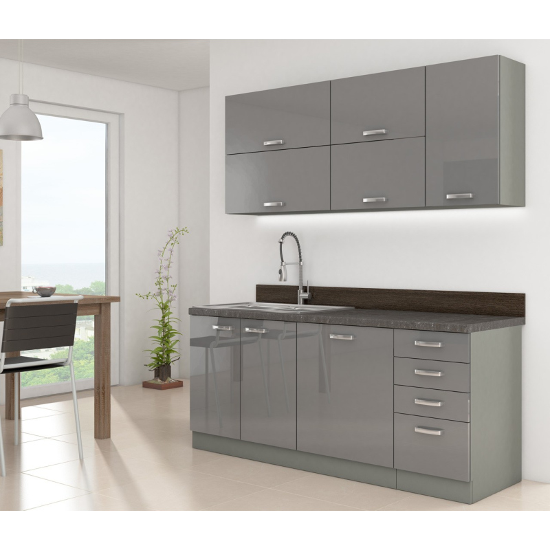 Kuchyňa do paneláku 180/180 cm RONG 3 - šedá / lesklá šedá + pracovná doska a príborník ZDARMA