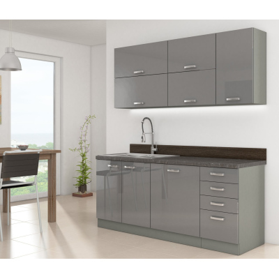 Kuchyňa do paneláku 180/180 cm RONG 3 - šedá / lesklá šedá + pracovná doska, príborník a LED osvetlenie ZDARMA