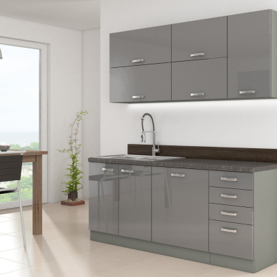 Kuchyňa do paneláku 180/180 cm RONG 3 - šedá / lesklá šedá + príborník a pracovná doska ZDARMA