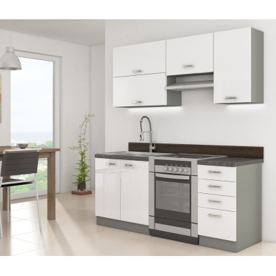 Paneláková kuchyňa 180/180 cm GENJI 2 - lesklá biela / šedá + LED, pracovná doska a drez ZDARMA