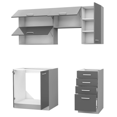 Paneláková kuchyňa 180/180 cm GENJI 2 - lesklá biela / šedá + LED, pracovná doska a príborník ZDARMA