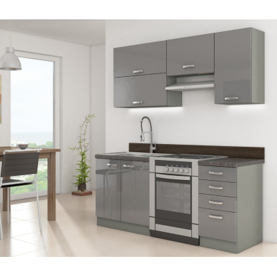 Kuchyňa do paneláku 180/180 cm RONG 2 - šedá / lesklá šedá + LED, drez a pracovná doska ZDARMA