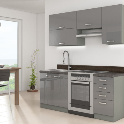 Kuchyňa do paneláku 180/180 cm RONG 2 - šedá / lesklá šedá + LED, drez a príborník ZDARMA