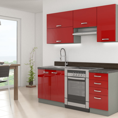 Kuchyňa do paneláku 180/180 cm RUOLAN 2 - šedá / lesklá červená + LED a drez ZDARMA