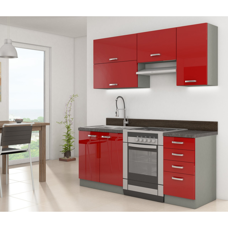 Kuchyňa do paneláku 180/180 cm RUOLAN 2 - šedá / lesklá červená + LED a pracovná doska ZDARMA