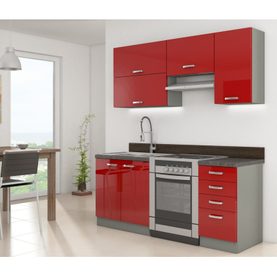 Kuchyňa do paneláku 180/180 cm RUOLAN 2 - šedá / lesklá červená + drez ZDARMA